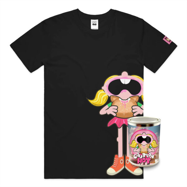 Caution Hot Parker Edition graphic t-shirt featuring girl biting donut with logo on back