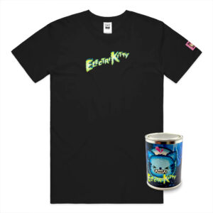 ElectriKitty t-shirt front and back design showing electric cat mascot and logo