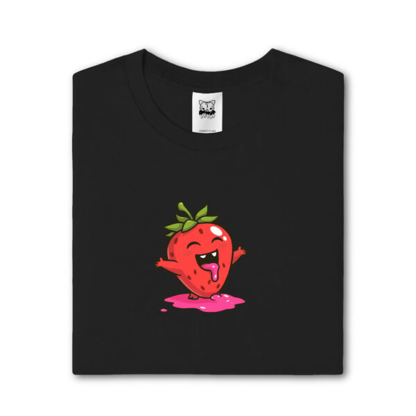 Donut Kitty Shelf Life: Folded Black T-Shirt featuring Filled with Joy strawberry illustration