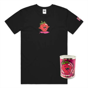 Donut Kitty Shelf Life: Black T-Shirt featuring Filled with Joy strawberry illustration