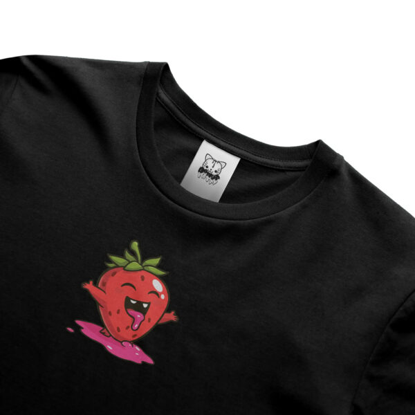 Donut Kitty Shelf Life: Detail of Black T-Shirt featuring Filled with Joy strawberry illustration