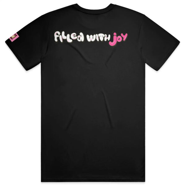 Donut Kitty Shelf Life: Back of Black T-Shirt featuring Filled with Joy text in logo type.