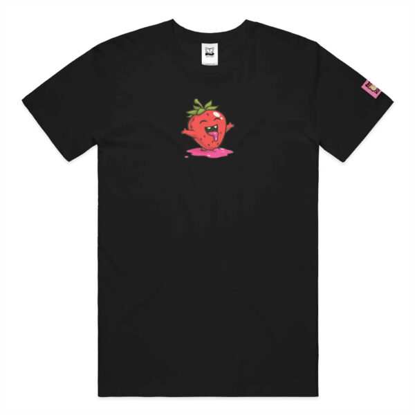 Donut Kitty Shelf Life: Black T-Shirt featuring Filled with Joy strawberry illustration