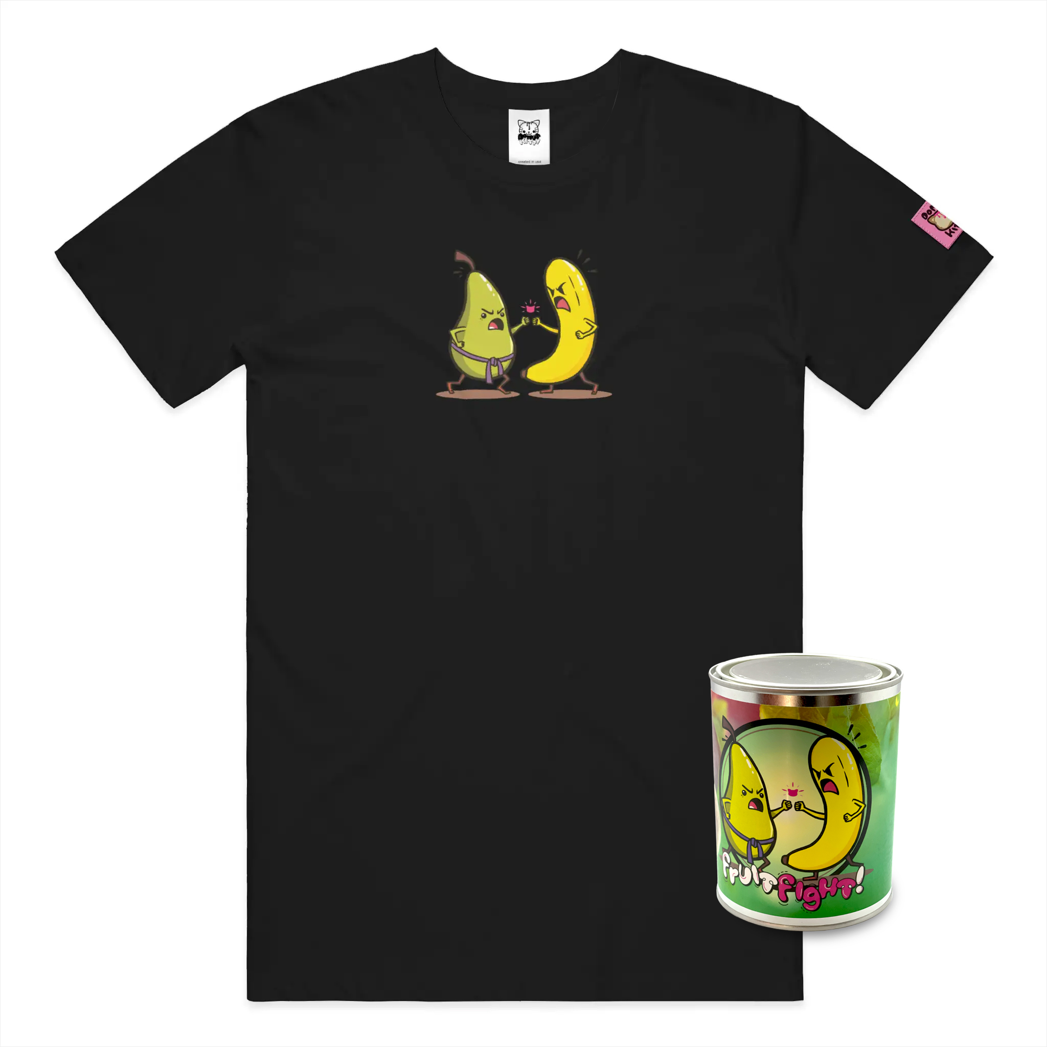 Donut Kitty Shelf Life: Black T-Shirt featuring Fruit Fight illustration of an angry pear karate fighting an angry banana.