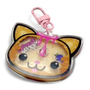 Donut Kitty shaker keychain with floating fruit characters inside layered acrylic design