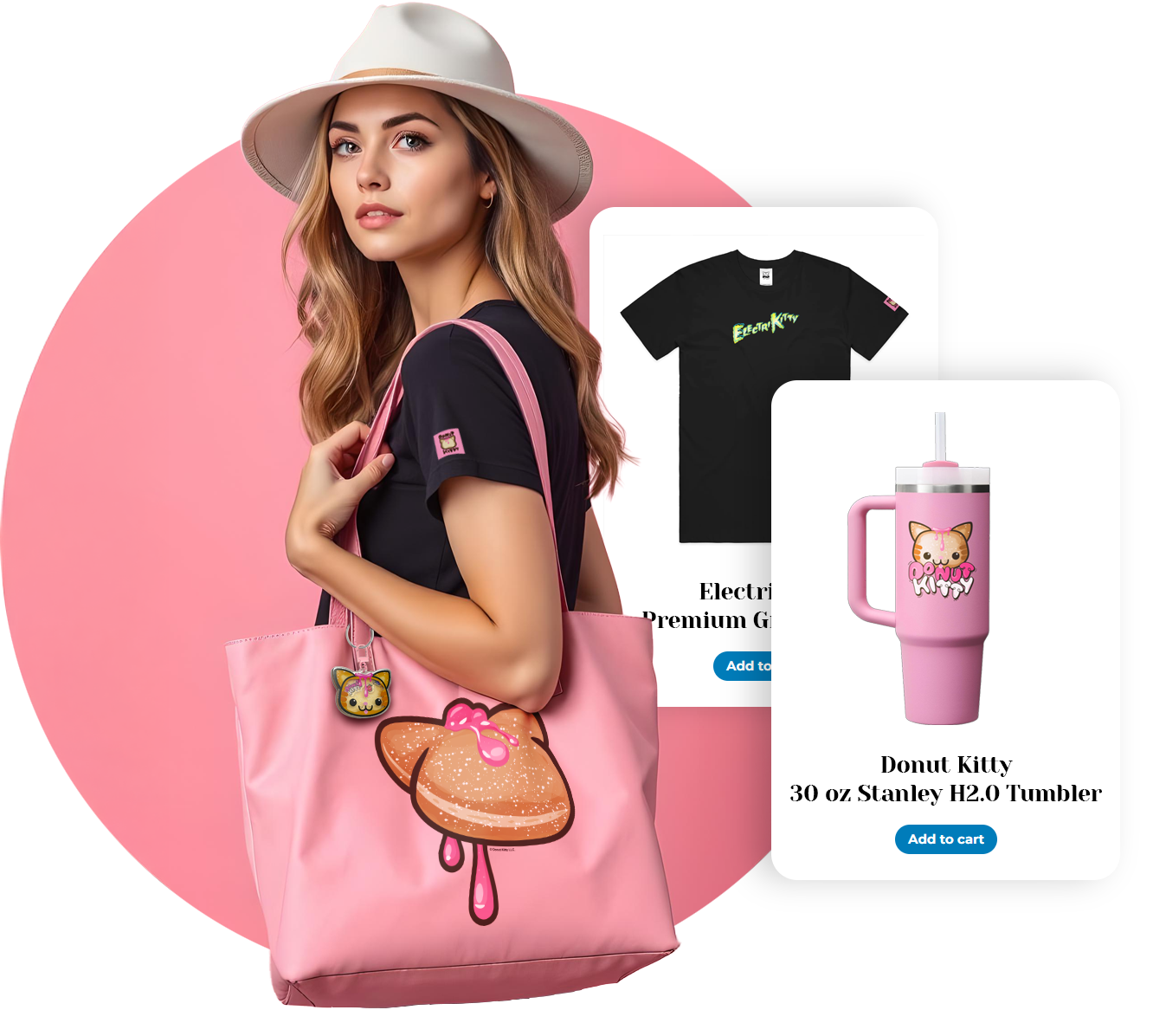 A woman sports her limited edition Donut Kitty merch including a premium graphic tee and leather tote bag.