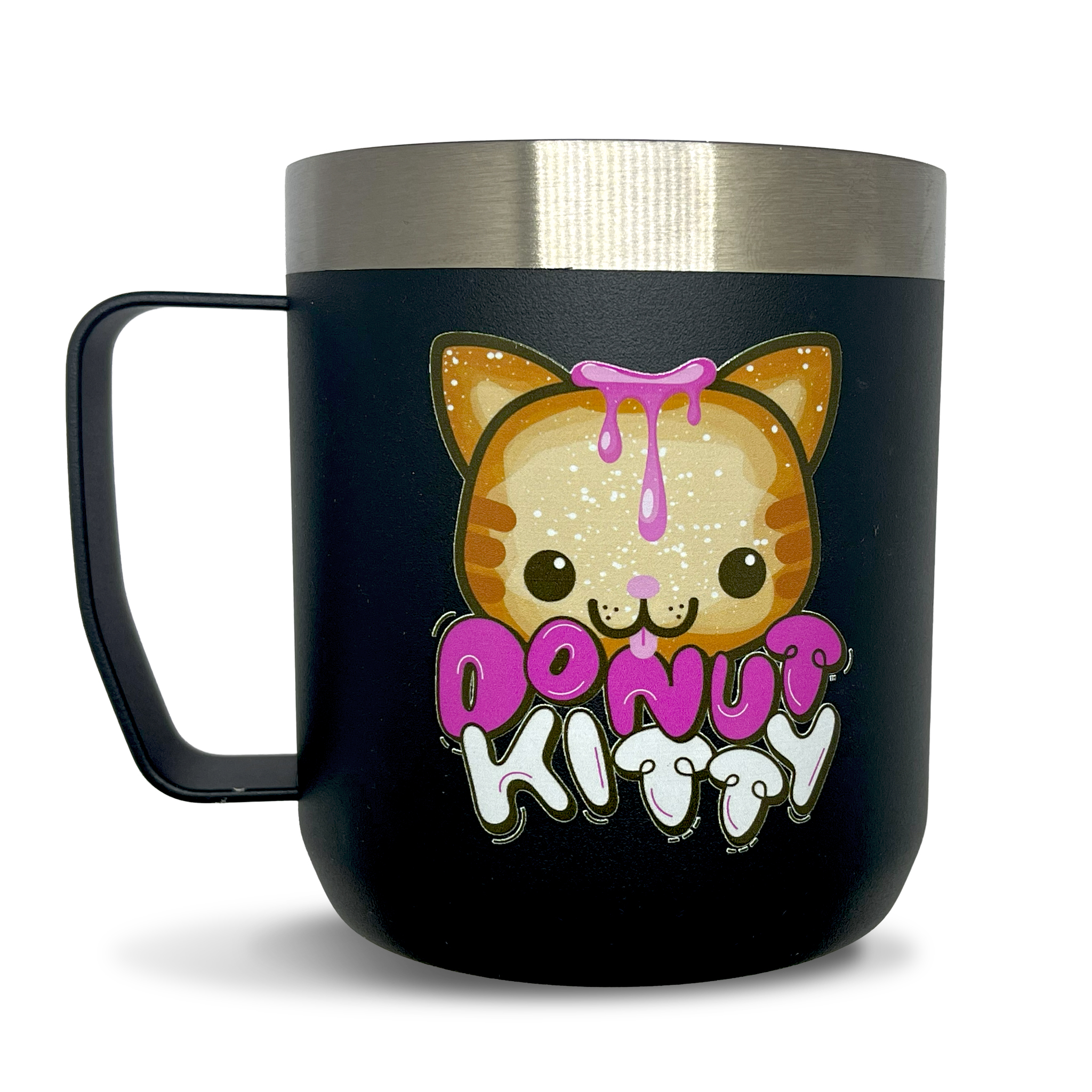 Donut Kitty Stay-Hot Camp Mug in black with logo