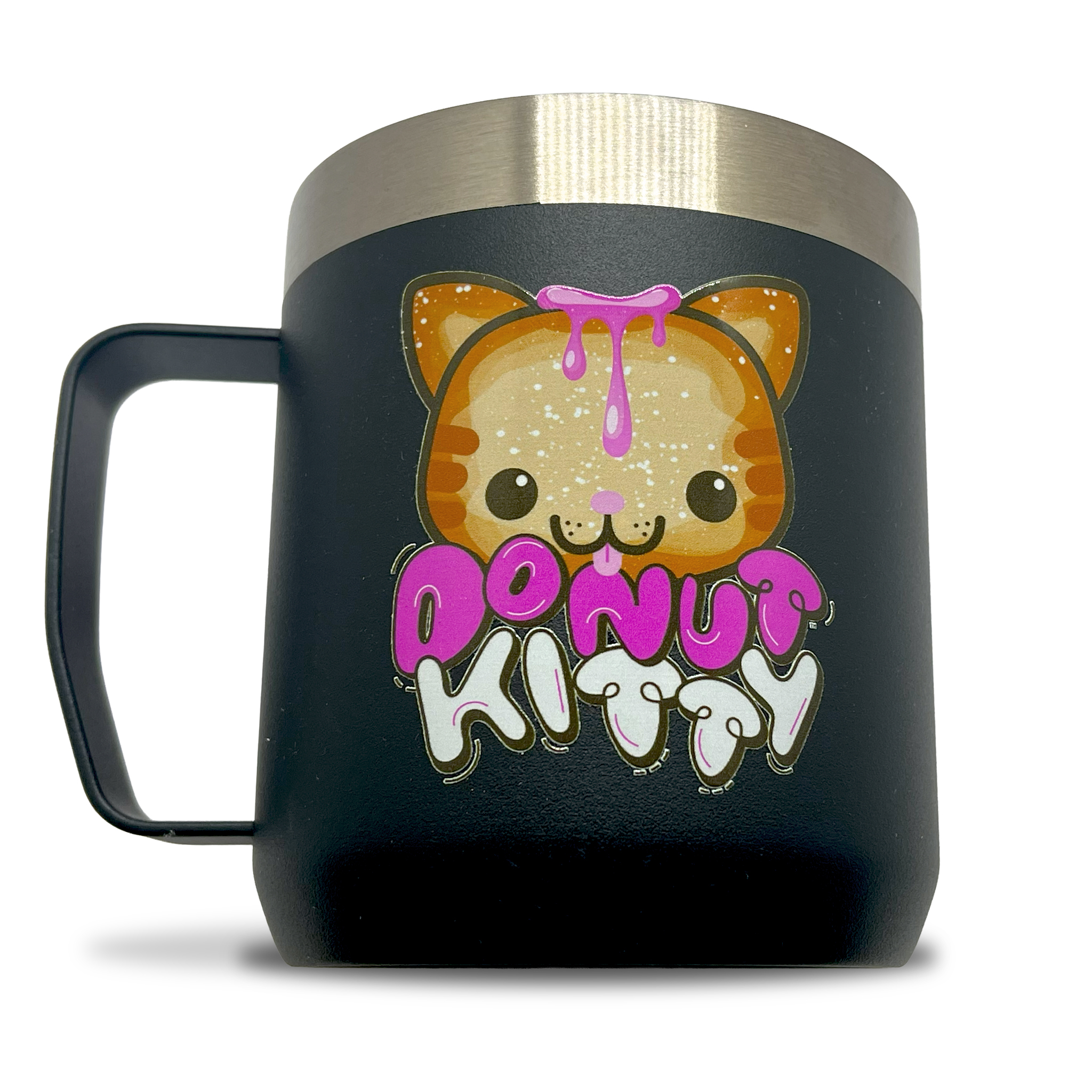 Donut Kitty Stay-Hot Camp Mug in black with logo