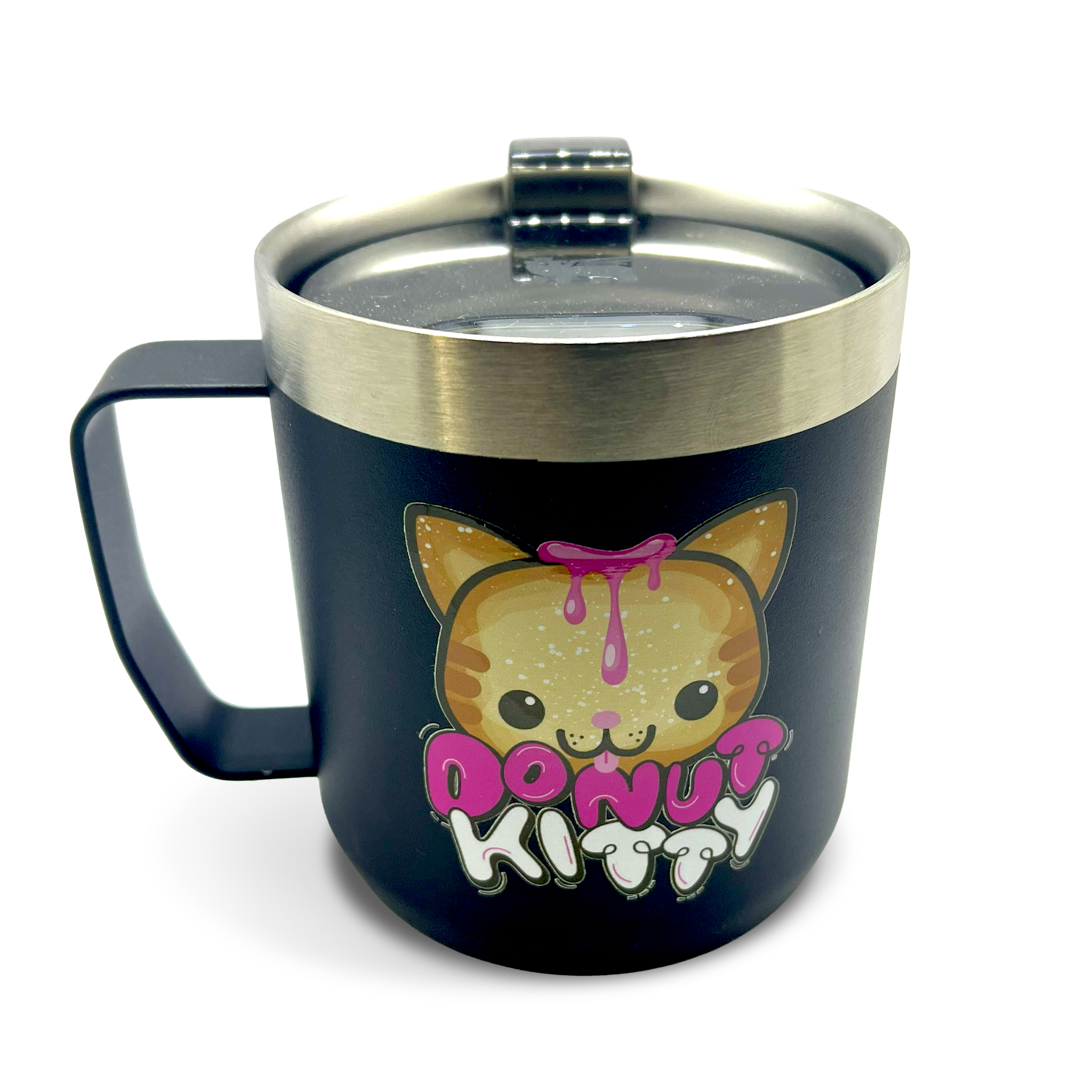 Donut Kitty Stay-Hot Camp Mug in black with logo