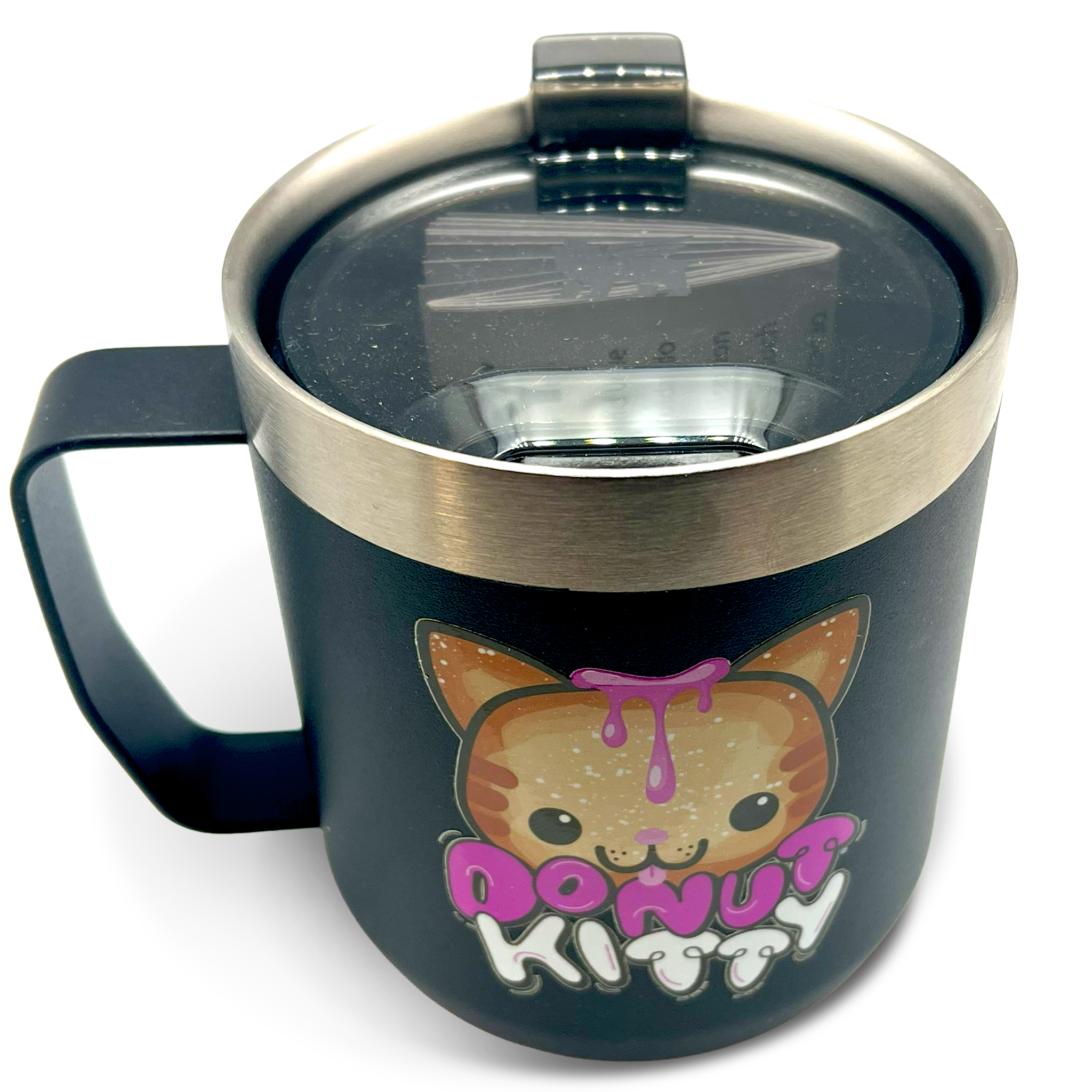 Donut Kitty Stay-Hot Camp Mug in black with logo